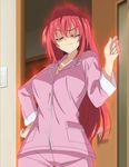  absurdres aura breasts closed_eyes door forced_smile highres large_breasts long_hair naruse_mio pajamas red_hair screencap shinmai_maou_no_testament 
