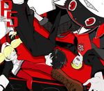  amamiya_ren black_eyes black_hair blonde_hair boots brown_footwear cat cross-laced_footwear glasses green_eyes hood hoodie lace-up_boots morgana_(persona_5) multiple_boys one_eye_closed pantyhose persona persona_5 red_eyes red_legwear saeuchobab sakamoto_ryuuji school_uniform shuujin_academy_uniform takamaki_anne twintails yellow_eyes 