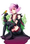  1girl bird breasts chain_chronicle cleavage flower gloves jh nina_(chain_chronicle) purple_eyes short_hair simple_background 