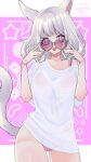  1girl absurdres adjusting_eyewear animal_ears bra bra_visible_through_clothes breasts cat_ears cat_tail chigu_(tigcomet) dated facial_mark feet_out_of_frame final_fantasy final_fantasy_xiv heart heart-shaped_eyewear highres large_breasts looking_at_viewer miqo'te multicolored_nails panties panties_visible_through_clothes pink-tinted_eyewear pink_bra pink_eyes pink_panties shirt short_hair solo tail tinted_eyewear tongue tongue_out underwear white_hair white_shirt 