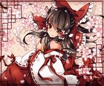  bare_shoulders bow brown_eyes brown_hair cherry_blossoms detached_sleeves dress frame gohei hair_bow hair_tubes hakurei_reimu happy_birthday long_sleeves petals red_dress ribbon-trimmed_sleeves ribbon_trim sash smile solo touhou toutenkou wide_sleeves 
