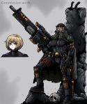  1girl assassin belt black_bodysuit black_eyes bodysuit cloak commission exitus_rifle gun highres light_brown_hair octosoup officio_assassinorum rifle rubble scar skull sniper_rifle solo vindicare_assassin warhammer_40k weapon 