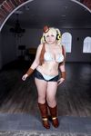  1girl asian blonde_hair boots breasts brown_eyes chouzuki_maryou cosplay cowboy_boots cowboy_hat hat headphones jewelry large_breasts necklace nitroplus photo plump solo star super_pochaco super_pochaco_(cosplay) 