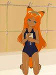  1girl 3d animal_ears blue_eyes fox_ears fox_tail kneeling orange_hair ribbon sandals sandles swimsuit tail 