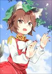  animal_ears blue_sky bow brown_eyes brown_hair cat_ears cat_tail chen cloud day dress ear_piercing fang hat jewelry long_sleeves mob_cap multiple_tails nail_polish nekomata open_mouth piercing ponpoko red_dress red_nails shirt single_earring sky solo tail touhou 