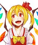  arms_at_sides asymmetrical_wings bad_id bad_pixiv_id blonde_hair collarbone dress fangs flandre_scarlet hair_between_eyes kobaji looking_to_the_side no_hat no_headwear open_mouth red_dress red_eyes ribbon short_hair side_ponytail slit_pupils solo touhou upper_body wings 