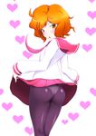  ass black_legwear blush brown_eyes dha haibara_nanaka heart heart_background highres kami_nomi_zo_shiru_sekai looking_at_viewer looking_back orange_hair panties panties_under_pantyhose pantyhose school_uniform serafuku short_hair skirt skirt_lift solo underwear white_background 