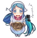  alternate_costume blue_eyes blue_hair curry flying_sweatdrops food gradient_hair head_scarf housewife kantai_collection kappougi ladle long_hair looking_at_viewer multicolored_hair open_mouth samidare_(kantai_collection) shinonome_haru solo tears tenugui translated very_long_hair white_background 