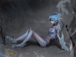  1girl arm_support artist_request blue_eyes blue_hair female ice league_of_legend league_of_legends ponytail samrui shyvana sitting solo 