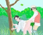  1boy 1girl against_tree bent_over convenient_censoring doggystyle husband_and_wife kusakabe_tatsuo kusakabe_yasuko outdoors studio_ghibli tonari_no_totoro tree 