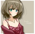  bad_id bad_pixiv_id bare_shoulders blue_eyes blush breasts brown_hair character_name cleavage collarbone green_eyes green_hair grey_background heterochromia idolmaster idolmaster_cinderella_girls jewelry looking_at_viewer medium_breasts mole mole_under_eye necklace short_hair silhouette smile solo syno takagaki_kaede upper_body 