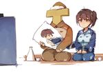  1girl admiral_(kantai_collection) animal_print brown_hair bunny_print commentary cup dakimakura_(object) kaga_(kantai_collection) kantai_collection pajamas pillow seiza side_ponytail sitting spark_(sandro) t-head_admiral television white_background yellow_eyes 