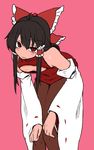  adapted_costume alternate_costume black_hair bow cleavage_cutout detached_sleeves hair_bow hair_ribbon hair_tubes hakurei_reimu jitome kaya_rio leaning_forward looking_at_viewer pantyhose pink_background red_eyes ribbon simple_background solo touhou 