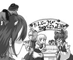  apron birthday birthday_cake bow bowl bowl_hat braid cake character_doll detached_sleeves eating food fork funny_glasses glasses greyscale hair_bow hair_tubes hakurei_reimu hat hato_(grazie_a_domani_7) horns izayoi_sakuya kijin_seija kirisame_marisa maid_headdress minigirl monochrome multicolored_hair multiple_girls no_hat no_headwear on_head person_on_head short_hair sign single_braid streaked_hair sukuna_shinmyoumaru sunglasses touhou translated waist_apron 