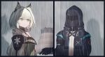  1girl 1other animal_ear_fluff animal_ears arknights bare_shoulders black_jacket cake candle closed_mouth commentary doctor_(arknights) dress expressionless food green_dress green_eyes grey_hair grey_sleeves hair_intakes highres holding hood hood_up hooded_jacket jacket kal&#039;tsit_(arknights) mebe_(teadia_violet) no_pupils off_shoulder open_clothes open_jacket rain ribbon-trimmed_hood ribbon_trim shadow short_hair_with_long_locks star_of_life staring water wet 