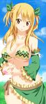  absurdres bikini blonde_hair blue_sky bow breasts brown_eyes cleavage cloud day detached_sleeves fairy_tail grass hair_bow highres large_breasts long_hair looking_at_viewer lucy_heartfilia navel outdoors parted_lips planeptune ribbon sarong sky solo swimsuit twintails 