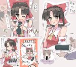  1girl angry bare_shoulders blush bow breasts brown_eyes brown_hair comic cutting eating empty_eyes food food_on_face hair_bow hair_ribbon hair_tubes hakurei_reimu imagining large_bow looking_at_viewer makizushi money nervous ofuda one_eye_closed open_mouth out_of_frame plate puuakachan ribbon sarashi sexually_suggestive sharing_food short_hair small_breasts solo_focus sushi tongue tongue_out touhou translated 