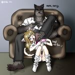 absurd_res blonde_hair bodily_fluids canid canine canis chibi_viii clothing dirty dirty_feet duo feet felid feline femboy foot_fetish gaming hair hi_res male mammal playing_video_game school_uniform sweat trans_(lore) trans_woman_(lore) uniform wolf