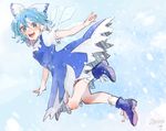  adapted_costume ankle_boots bad_id bad_twitter_id blue_background blue_dress blue_eyes blue_footwear blue_hair blush boots breath cirno dress fairy flying full_body hair_ornament hair_ribbon ice ice_wings looking_at_viewer meiji_(charisma_serve) open_mouth puffy_sleeves ribbon short_hair short_sleeves simple_background smile snowing socks solo touhou white_legwear wings 