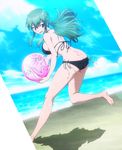  1girl ass ball beach beachball breasts fairy_tail green_eyes green_hair highres hisui_e._fiore large_breasts looking_back sand screencap side-tie_bikini sideboob sky smile stitched string_bikini swimsuit 