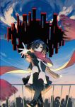  1girl arm_up black_eyes black_footwear black_socks blue_sky brown_hair cloud glitch heterochromia highres kagerou_project loafers long_hair long_sleeves looking_at_viewer nemuke2828 on_railing pleated_skirt railing red_eyes red_scarf scarf shoes sitting skirt sky socks solo tateyama_ayano 