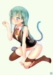  aqua_eyes aqua_hair bare_arms blush breasts cat_tail cleavage kantai_collection kneeling long_hair looking_away md5_mismatch medium_breasts miyabi_(miyabi) panties solo suzuya_(kantai_collection) tail thighhighs torn_clothes torn_legwear underwear 
