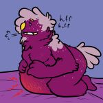 1:1 2024 ambiguous_gender amputee anthro bedding blanket bodily_fluids breath bugsnax colored digital_drawing_(artwork) digital_media_(artwork) disability english_text flat_colors floofty_fizzlebean full-length_portrait fur grumpus hands_on_belly hi_res hyper hyper_pregnancy magenta_fur panting portrait pregnant pregnant_anthro pregsnax(artist) simple_background solo stretch_marks sweat text young_horses