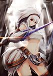  1girl :&lt; belt capcom dual_wielding female hairband horn kirin_(armor) midriff monster_hunter navel open_mouth panties red_eyes solo sword underwear weapon white_hair white_panties x2 