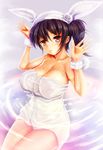  animal_ears bathing breasts brown_eyes brown_hair bunny_ears covered_nipples dripping kaga_(kantai_collection) kantai_collection large_breasts partially_submerged ripples see-through short_hair side_ponytail solo teruru towel water wet 