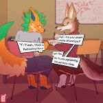 1:1 anthro book canid canine casey_(dmb) chair classroom classroom_desk clothed clothing dialogue duo english_text fluffy fluffy_tail fox fur furniture hi_res jooper looking_back male male/male mammal multicolored_body multicolored_fur on_chair paper pen school sitting sitting_on_chair speech_bubble tail text uncomfortable