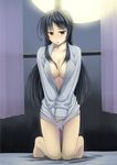  :&lt; bangs barefoot black_eyes black_hair blush bottomless breasts cleavage collared_shirt covering covering_crotch curtains dress_shirt full_body full_moon half-closed_eyes indoors kneeling large_breasts long_hair long_sleeves looking_at_viewer mizuhachi_saru moon naked_shirt on_bed open_mouth original parted_bangs shirt shirt_tug sidelocks sky sleeves_past_wrists solo star_(sky) starry_sky thigh_gap v_arms very_long_hair window 