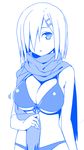  bikini blue breasts cleavage front-tie_bikini front-tie_top hair_ornament hair_over_one_eye hairclip hamakaze_(kantai_collection) himura_kiseki kantai_collection large_breasts monochrome scarf short_hair simple_background solo swimsuit white_background 