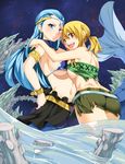  :d absurdres aquarius_(fairy_tail) ass bikini_top blonde_hair blue_eyes blue_hair blush breast_press breasts brown_eyes fairy_tail hands_on_hips highres hug large_breasts long_hair looking_at_viewer lucy_heartfilia mermaid miniskirt monster_girl multiple_girls navel night night_sky open_mouth partially_submerged planeptune side_ponytail skirt sky smile symmetrical_docking tiara underboob water 