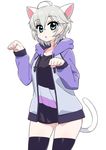  :o ahoge anastasia_(idolmaster) animal_ears black_legwear blue_eyes blush cat_ears cat_tail chan_co cowboy_shot hood hoodie idolmaster idolmaster_cinderella_girls looking_at_viewer open_clothes open_hoodie open_mouth paw_pose short_hair silver_hair simple_background skindentation solo tail thighhighs white_background 