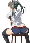  alternate_costume ass belt black_hair butt_crack chair from_behind hair_ribbon highres hood hoodie kantai_collection long_hair looking_at_viewer looking_back ribbon short_shorts shorts simple_background sitting sitting_backwards solo suna thighhighs twintails white_background yellow_eyes zuikaku_(kantai_collection) 