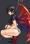  ass asymmetrical_wings ayakumo black_dress black_hair dress highres houjuu_nue looking_at_viewer panties polearm short_sleeves smile solo squatting tongue tongue_out torn_clothes torn_dress touhou trident underwear weapon white_panties wings yellow_eyes 