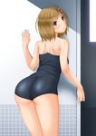  arm_support ass bad_id bad_pixiv_id blush brown_eyes brown_hair chiro competition_school_swimsuit from_behind idolmaster idolmaster_cinderella_girls looking_at_viewer looking_back mimura_kanako one-piece_swimsuit school_swimsuit short_hair solo swimsuit thighs tile_wall tiles 
