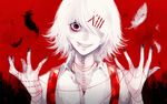  androgynous feathers hair_ornament hairclip loose_clothes loose_shirt male_focus red_eyes shirt smile solo stitches suzuya_juuzou tokyo_ghoul white_hair 