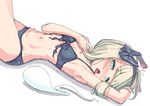  absurdres animal_ears bad_id bad_pixiv_id bikini blue_eyes blush cat_ears fukurou_(suga0930) hair_ribbon highres kemonomimi_mode konpaku_youmu konpaku_youmu_(ghost) looking_at_viewer lying on_back open_mouth ribbon short_hair silver_hair solo swimsuit tongue tongue_out touhou 