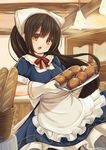  absurdres apron bakery blue_dress blush bread brown_eyes brown_hair dress food highres long_hair looking_at_viewer original oven_mitts pantyhose pastel-pastel shop solo very_long_hair 