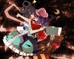  bad_id bad_pixiv_id black_hair blue_eyes crescent_moon hair_ornament hair_over_eyes hair_stick hat hazuki_shino hidden_eyes hug kaku_seiga miyako_yoshika moon multiple_girls ofuda purple_hair shawl touhou 