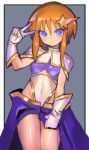  1girl alternate_costume armor boobplate breastplate commentary_request cosplay covered_navel cowboy_shot dakusuta gloves gold_trim gundam gundam_seed gundam_seed_destiny gundam_zz hair_ornament hand_up high-low_skirt highleg highleg_leotard highres leotard light_frown long_sidelocks looking_at_viewer meer_campbell meer_campbell_(cosplay) no_pupils orange_hair purple_eyes puru_two short_hair shoulder_pads skirt skirt_tug solo star_(symbol) star_hair_ornament thighs v white_gloves white_leotard 