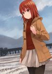  akatsuki_miho akemiho_tabi_nikki bad_id bad_pixiv_id blush brown_eyes cloud coat day dutch_angle field kouno_hikaru pantyhose parted_lips red_hair skirt sky solo standing turtleneck 