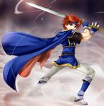  :o armor belt blue_armor blue_eyes blue_gloves boots cape fighting_stance fingerless_gloves fire_emblem fire_emblem:_fuuin_no_tsurugi fog gloves headband highres holding holding_sword holding_weapon male_focus open_mouth red_hair roy_(fire_emblem) shirt solo spiked_hair sword t-shirt v-shaped_eyebrows weapon yuino_(fancy_party) 