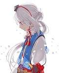  blush chin_strap eyeshadow hat ima-no-tsurugi japanese_clothes light_frown long_hair makeup male_focus profile red_eyes sekimo sheath sheathed solo stole tantou tears tokin_hat touken_ranbu very_long_hair white_background white_hair 