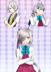  adjusting_clothes adjusting_gloves ahoge argyle argyle_background asashimo_(kantai_collection) asymmetrical_hair blue_eyes bow crossed_arms fusion gloves grey_eyes grin hair_over_one_eye kantai_collection kiyoshimo_(kantai_collection) long_hair long_ponytail long_sleeves multicolored_hair multiple_girls nowaki_(kantai_collection) open_mouth school_uniform side_ponytail silver_hair smile twintails two-tone_hair ude very_long_hair white_gloves 