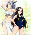  2girls bra breasts gotou_matabei highres hyakka_ryouran_samurai_girls large_breasts long_hair multiple_girls panties sanada_yukimura_(hyakka_ryouran) small_breasts smile standing stitched swimsuit underwear 