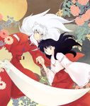  &gt;:) 1girl animal_ears black_hair dog_ears floating_hair flower hakama higurashi_kagome holding_hands inuyasha inuyasha_(character) japanese_clothes jewelry long_hair looking_at_viewer miko mocha_y necklace official_style pants pearl_necklace red_hakama red_pants smile sword v-shaped_eyebrows weapon white_hair wide_sleeves 