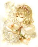  alice_margatroid bad_id bad_pixiv_id blonde_hair capelet closed_eyes color_ink_(medium) embroidery graphite_(medium) hairband heart holding_needle keiko_(mitakarawa) light_smile lolita_hairband needle paint_(medium) ribbon sewing sewing_needle short_hair smile solo thread touhou traditional_media upper_body wrist_cuffs 