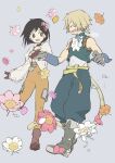  1boy 1girl baggy_pants bare_shoulders black_choker black_hair blonde_hair blue_pants bodysuit boots breasts brown_eyes choker closed_eyes couple cropped_vest crystal falling_flower final_fantasy final_fantasy_ix flower frilled_shirt_collar frills full_body garnet_til_alexandros_xvii gloves green_vest grey_background grey_footwear grey_gloves hair_flower hair_ornament hetero holding_hands jewelry juliet_sleeves long_sleeves low_ponytail medium_breasts monkey_tail open_mouth orange_bodysuit orange_flower pants pendant pink_flower puffy_sleeves red_footwear red_gloves shirt sleeveless sleeveless_shirt smile tail takase_toho thigh_strap twitter_username underbust vest white_flower white_shirt wrist_cuffs yellow_flower zidane_tribal 